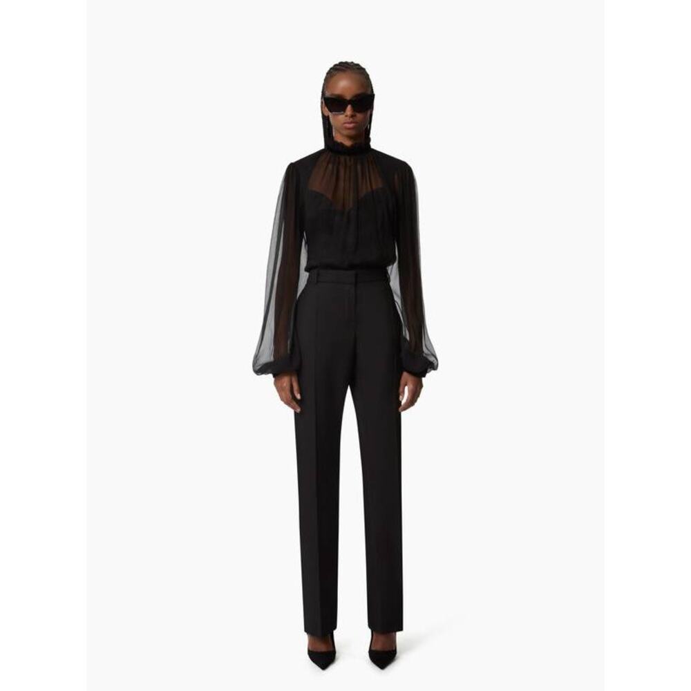 Nina Ricci Ruffled High Neck Crinkled Silk Muslin Blouse in Black 36 US 4